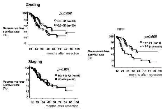 Figure 4. Relationship of recurrence-free survival time with Grading, Staging, and HPF.
