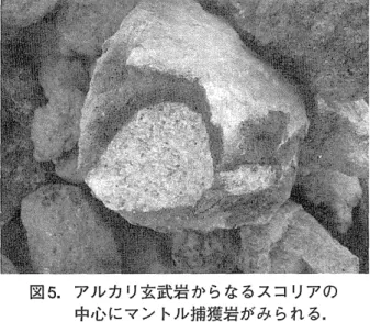 図 5 担アルカ 1 ) 玄武岩からなるスコリアの 中心にマントル捕獲岩がみられる第 捕獲岩の直径は 10cm. 引 用 文 献 ールゾライトの一部には交代作用によって二次的に 形成された角閃石や金雲母がみられた.巡検参加者はサンプル袋いっぱいに美しいマントル捕獲岩を採集することができ大満足で、あった.