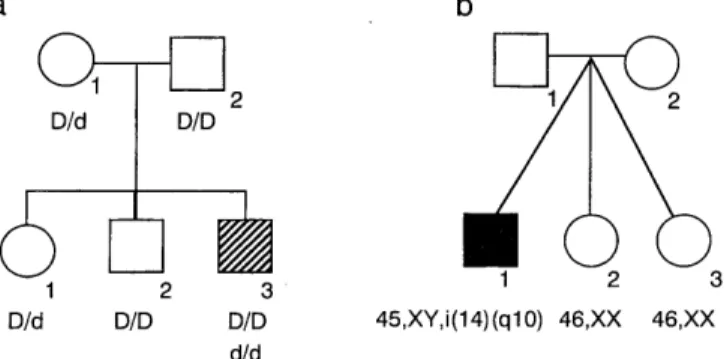 Fig  1.  Family  trees  of  Case  1  (a,  11-3)  and  Case  2  (b,  II-1). 