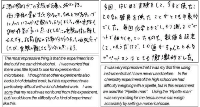 Figure 7. Descriptions of experiments that                  Figure 8. Descriptions of the impressions from    extracted and analyzed their own DNA through              male students regarding the operation of the      males' impressions (part)             