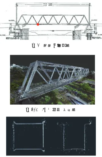 図 2  橋梁 A 一般図  図 3-1  3D モデル 全体図 図 3-2  3D モデル上弦材 ( 左 ) ・箱断面 ( 右 )  2.4  FEM 解析  FEM 解析では弾性梁要素（ Bernoulli-Euler ）を使用 した．使用した鋼材の材料特性はヤング率 200GPa ，単 位体積重量 77kN/mm 3 ，ポアソン比 0.3 である．ここで 支持条件や部材の材端条件による影響を確認するため に支持条件，主要部材・主要部材以外の材端条件を変 えた解析ケース 1 ～ 4 を作成し，固有振動解