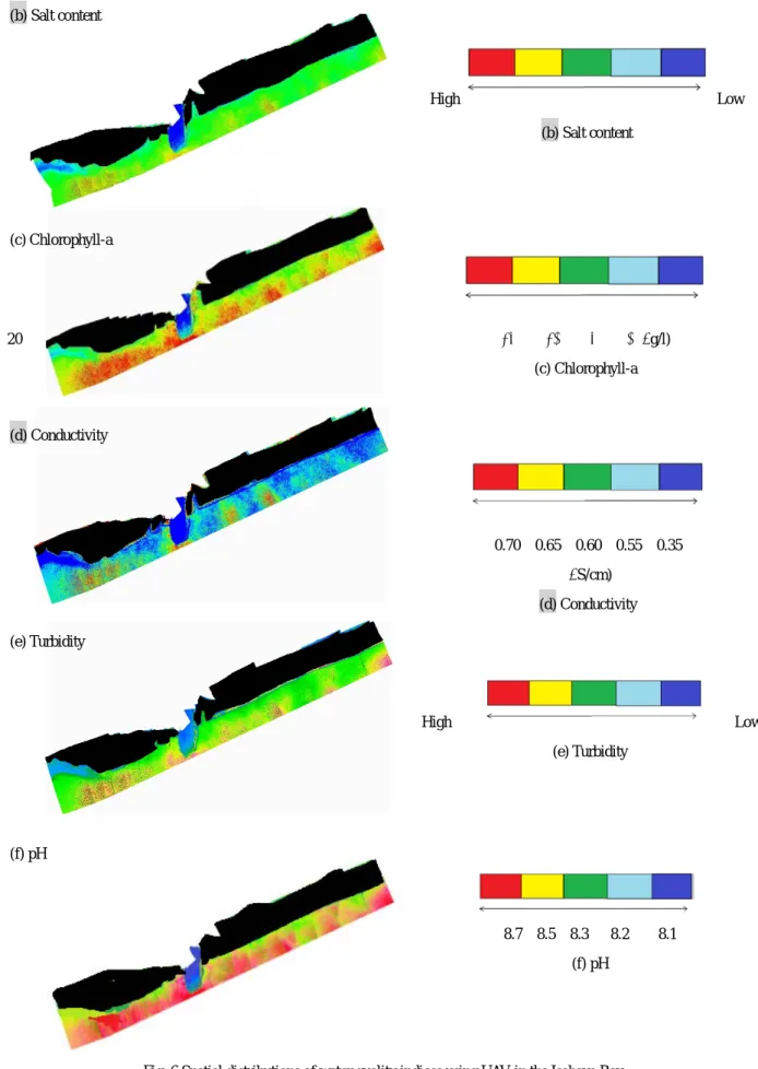 Fig. 6 Spatial distributions of water quality indices using UAV in the Isahaya Bay. 