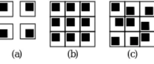 図 4 仮想画素と有効領域の配置．(a) 規則的配置，(b) 疑似 的な不規則配置，(c) 不規則配置義