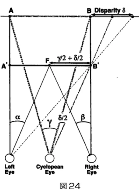 図 24 図 (A)を 両眼立体視 し ,中 央の黒色円盤 (オ クルーダ ) の左右の水平の縁間の大 きさと左右の垂直の縁間の大 きさを ,背 景 に配置 した方眼紙の升 目でカウン トする と ,水 平方向の距離 には 8個 の升 目があ り ,垂 直方向 のそれは9個 の升 目がある。(B)の ステレオグラムで 同様 に ,黒 色矩形で遮蔽 された背景領域の左右の水平 方向の縁間距離 と垂直方向の上下間の縁間の距離 を升 目でカウン トすると ,水 平方向の距離は遮蔽物の左右 ともそれぞれ升 目で 6