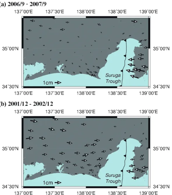 Fig. 1.　Annual displacement around the Tokai region based on GEONET data. The reference station is Manba, numbered 960593, at 138.912°E  and 36.143°N