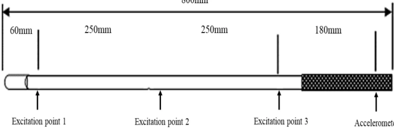Fig. 5 Excitation point and 3-axis acceleration sensor fixed position. An excitation point in one point of the cane is excited, and a  transfer function between the excitation point and an accelerometer sensor point on the object to be measured is measured