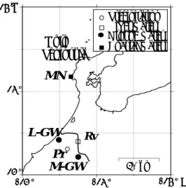 Fig. 1 Sampling locations for water samples  の陽イオンおよび陰イオン交換樹脂の中か ら 、 迅 速 に 高 い 回 収 率 が 得 ら れ る  Powdex-PCH、-PAO を選定した (15 g/20 L 加 えて 15 分間攪拌)。各核種の回収率は、バッチ 処理の 2 回繰り返し、または電気伝導度により見 積もった。  ②共沈法：陸水試料に塩化セシウム 0.26 g/20  L、AMP 4 g/20 L を加え、 137 Cs を AMP/Cs 沈 殿と