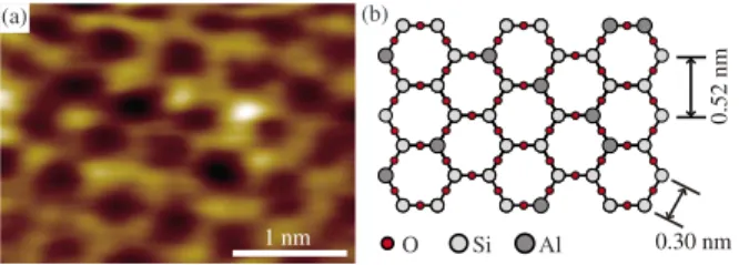 FIG. 9. 共 Color online 兲 共 a 兲 FM-AFM image of mica in phosphate buffer solution 共⌬ f = + 500 Hz, A= 0.098 nm, tip velocity: 117 nm/s 兲 