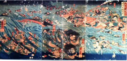 図 17 歌川国芳画「通俗三国志之内 関羽 魏七軍図 （上田望蔵） 渰 」 国芳以外では 『世話字綴三国誌』に挿絵をつけた歌川豊国三世も「玄徳、 雪中訪孔明」などの作品を残している。奇しくも次の明治になって『通俗三 国志』の挿絵を手がけた浮世絵師は芳年ら国芳の弟子であり、歌舞伎の三国 物の浮世絵を一手に引き受けていたのは国周など豊国系の浮世絵師であっ た。彼らの仕事ぶりについては次の章で見ていくことにしたい （完）。 【注】 1 雑喉潤『三国志と日本人 （講談社 2002 講談社現代新書1637)p139に