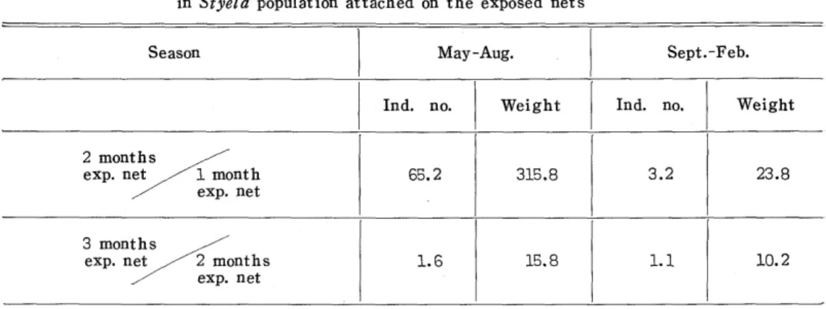 Table  3  Growth  rates  of  number  and  weight  by  each  attaching  generation         in  Styela population attached on  the exposed nets
