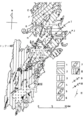 Fig. 1. Geological outline map and sampling localities (X) in the southern area of Tsushima