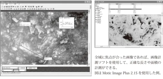 図 7 使用痕画像の計測 図 8 使用痕画像のパノラマ合成左 磨製石斧刃部（パプア・ニューギニア民族資料・南山大学人類学博物館蔵）実体顕微鏡で撮影した刃縁の画像を連結。 右 実験石 S-259 大型磨製石庖丁、イネ根株の刈り取り 584 株画像下が刃縁で上方向が内側になる。刃縁には明るくなめらかな微小光沢面が分布しているが、内側に行くに従って漸移的に光沢が弱くなっていくのがわかる。写真は 5カット計 70 枚の画像を処理して作成したものである。 全域に焦点が合った画像であれば、画像計測ソフトを使用して、正確