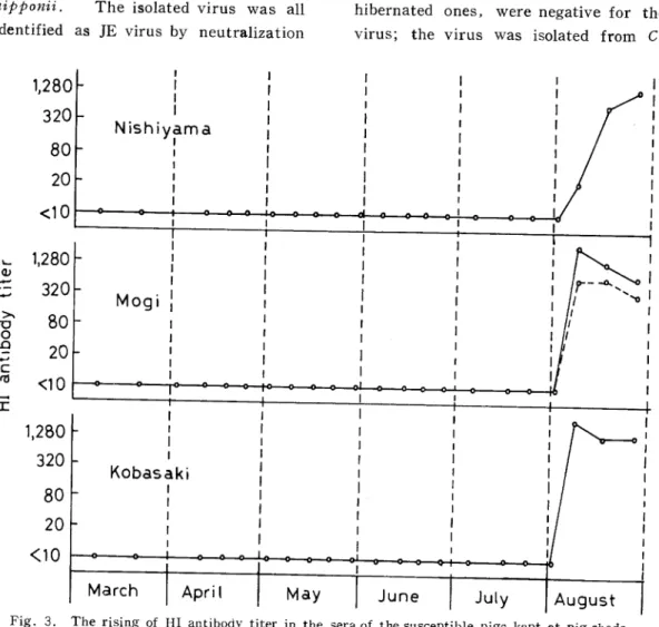 Table 1 gives the results of the virus isolation from female mosquitoes collected by various methods in the Nagasaki area from early spring to late autumn.
