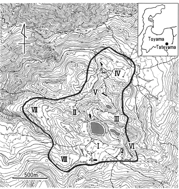 Fig. 1. Map around Murododaira Plains, Mt. Tateyama. The inside area of solid line are invesgated