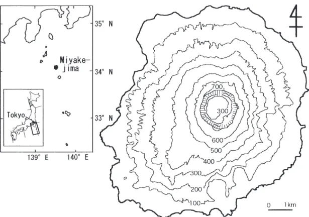 Fig. 1. A map of Miyake-jima Island. Contourlines at 100 m intervals.