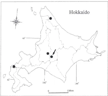 Fig. 2 . Distribution map of Asplenium viride in Hokkaido, Japan. An arrow shows the new locality.