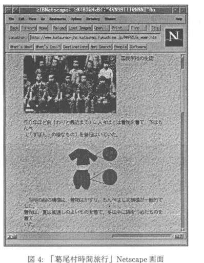 図 4 : r 葛尾村時間旅行 J Netscape 画面 次に山口大学教育学部の 7 附属光中学校では、「クサフグの産卵」というページがありま すが、ここでは毎年たくさんのクサフグが産卵をするのですが、その様子を自分たちで見 に行って、その様子を報告するというような形で、ページをつくってあります。 7  h t t p : j j w w w 