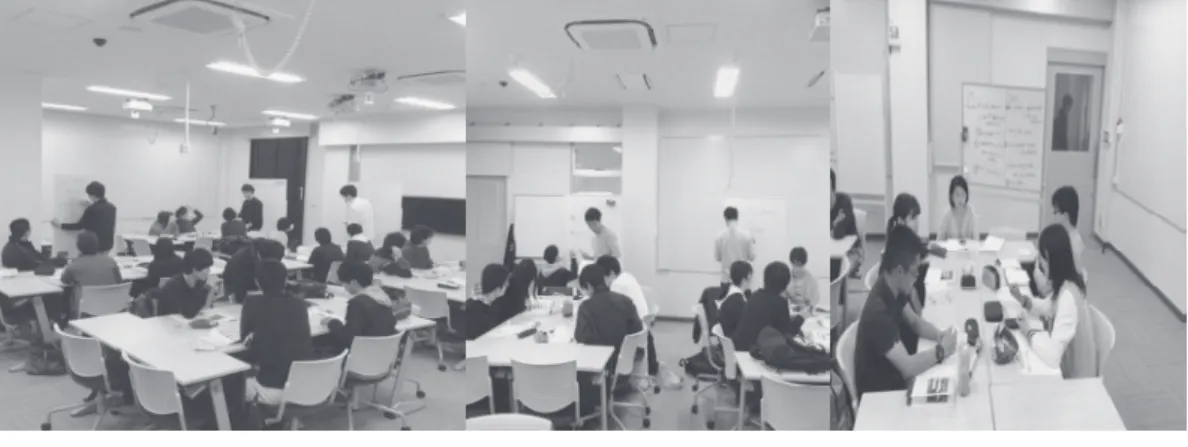 図 5   学生のグループ討論の様子 図 6   学生の口頭発表およびポスター発表の様子 4.3    学生のフィードバック 筆者は各学生に学期末にフィードバックを書かせている。学生のフィードバックは 主に以下の 4 つに分類できる（表 2 ） 。 記述内容 回数 インタラクションに ついて ・毎回席がランダムに決められるので、色々な人と英語で交流することができた。 ・グループワークとペアーワークが多くて、とても楽しく クラスメートとコミュニケーションをとれました。 ・大学で知らない人ばっかりでクラスの人と