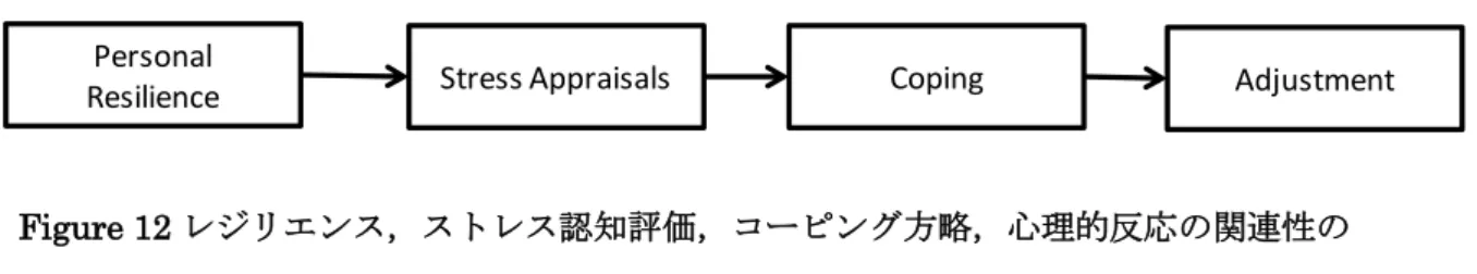 Figure 12 レジリエンス，ストレス認知評価，コーピング方略，心理的反応の関連性の     