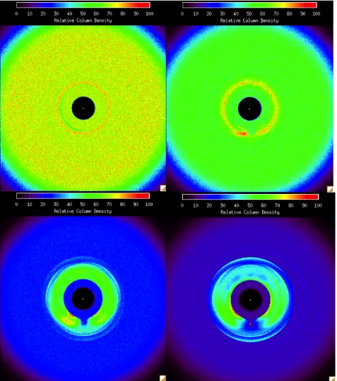 Fig. 5.3. Surface number density maps of 8 µm (upper left), 25 µm (upper right), 80 µm (bottom left), and 250 µm (bottom right) in diameter with 1 earth-mass planet orbiting at 1 AU (Stark and Kuchner, 2008).