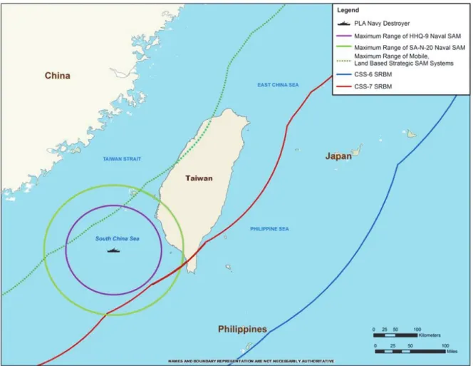 図 5:  台湾海峡における地（艦）対空ミサイル（SAM）と短距離弾道ミサイル（SRBM）の射程範囲