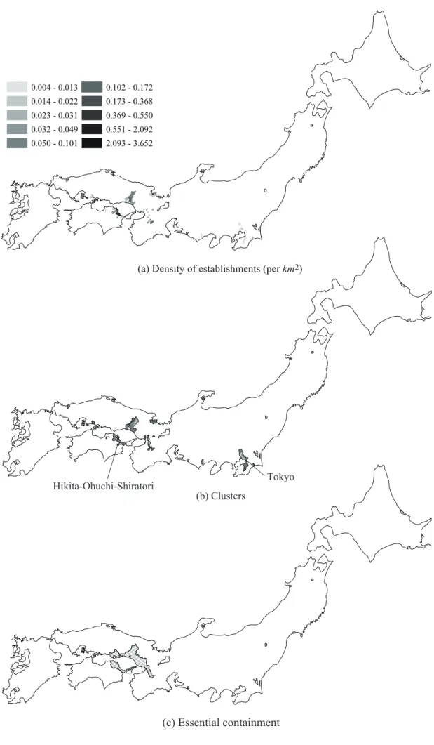 Figure 4.9. Globally confined and locally sparse pattern: leather gloves and mittens (JSIC245)(a) Density of establishments (per km2)