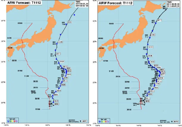 図 7 に 2way，Normal それぞれの WRF における T1112 の経路（8 月 25 日 00UTC  ～  9 月 3 日 00UTC）とベストトラック（8 月 25 日 00UTC  ～  9 月 5 日