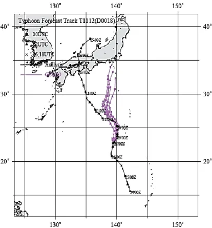 図  2  GSM による 8  初期値分（2011 年 8 月 27 日 18UTC  ～  29 日 12UTC）の台風第 12 号の進路（紫線）．黒線が実況（8 月 24 日 00UTC  ～  9 月 5 日 00UTC）． 