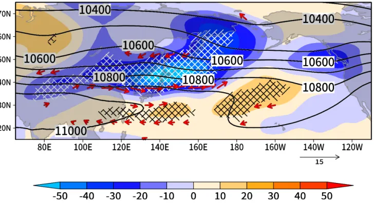 Fig. 11 冷夏年における 250hPa 面ジオポテンシャル高度の合成図
