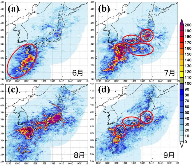 Fig. 3 2011~2020 年の月平均の落雷分布（ 6 ～ 9 月） （回）