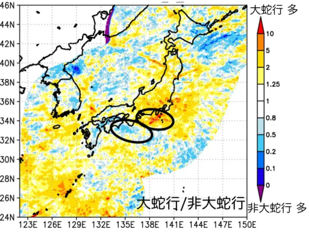 Fig. 8 大蛇行期間と非大蛇行期間の落雷数の比（大蛇行 / 非大蛇行）