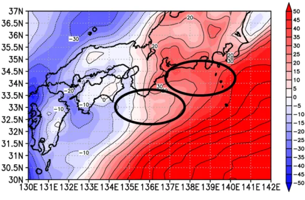 Fig. 12 CAPE の偏差（大蛇行―非大蛇行） （ J/kg ）