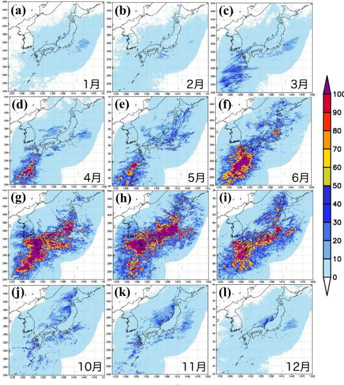 Fig. 2 2011~2020 年の月平均の落雷分布（回）