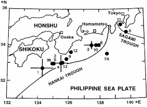 図 5.  南海・相模トラフで発生した大地震の震源（Ohtake and  Nakahara, 1999）。震源の数字は表 1 中の  番号に対応する。 