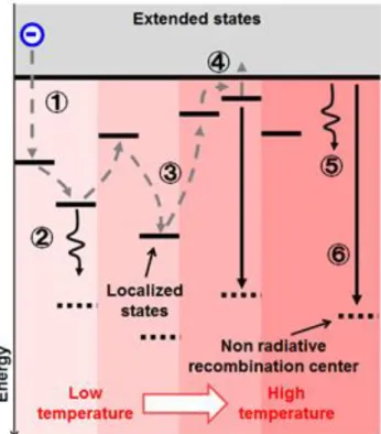 図 2.10  励起キャリア の緩和過程に対する 温度 依存性 .  ①電子の 局在状 態への捕獲 .  ②局 在
