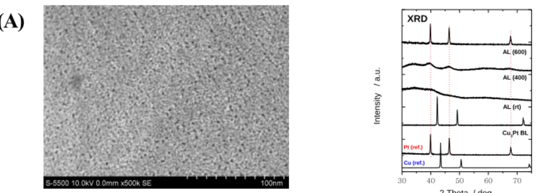 図 3 Cu 3 Pt 合金のリーチング処理前後＆熱処理における変化 : (A) SEM 像 ( リーチング後 ) 、 (B) XRD  4 ．アルミニウム系準結晶及び近似結晶の成長過程解明と超格子構造評価