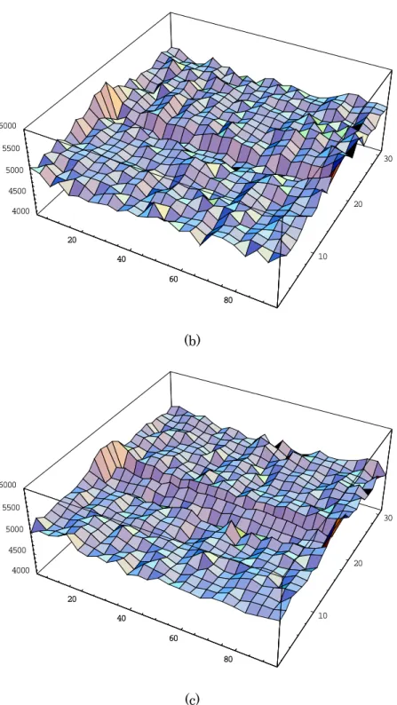Figure 2. Walker distribution at the surface parallel to the x axis at the middle of the cell, at z =  16, with different thermal equilibrium factors: (a) C f  = 0.28; (b) C f  = 0.25; and (c) C f  =  0.24