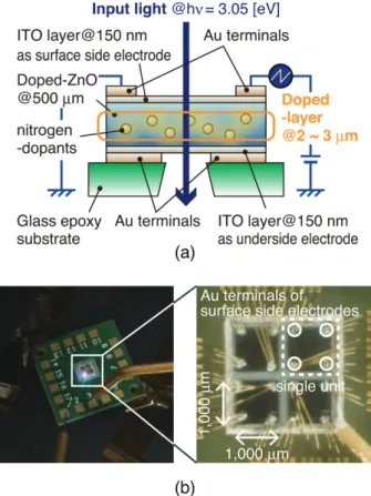 Fig. 3 (a) Schematic diagram of transmissive-type ZnO SLM and (b) photograph of the device consisting of 2 × 2 units.