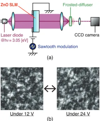 Figure 8 (a) shows the experimental setup used for demonstrating speckle modulation. Similarly to the  previ-ous demonstrations, plane-wave light from a laser source is input to the SLM and is focused on a frosted diﬀuser to  gen-erate speckle patterns