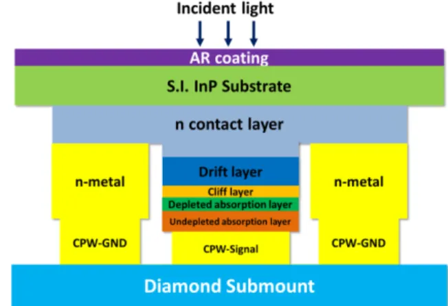 Fig. 2 Simplified schematic cross-sectional view of a photodiode flip- flip-chip-bonded on diamond submount.