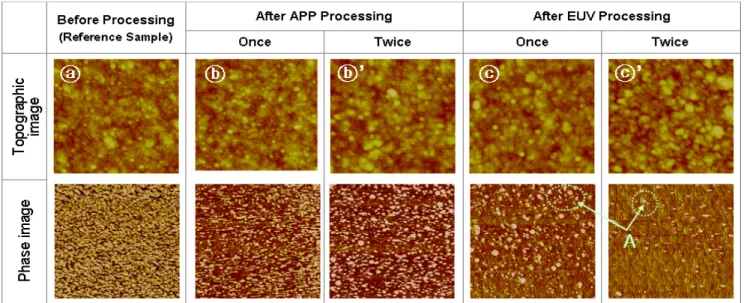 Fig. 3 AFM images (Scan size 800 nm sq.) of copper nitride result before and after APP and EUV treatments.