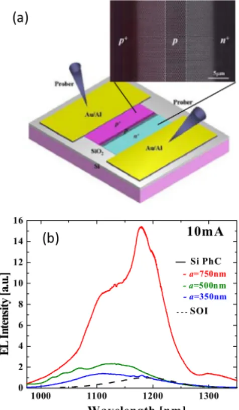 Fig. 7 (a) Schematic illustration of silicon PhC LED. SEM for the central part of device is also shown