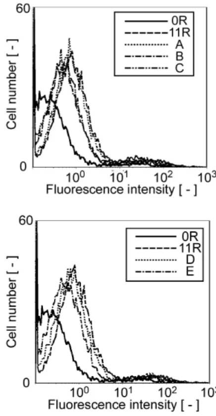 Fig. 8 Flow cytometric assay for the binding of  the selected aptamers with HepG2 cells． 