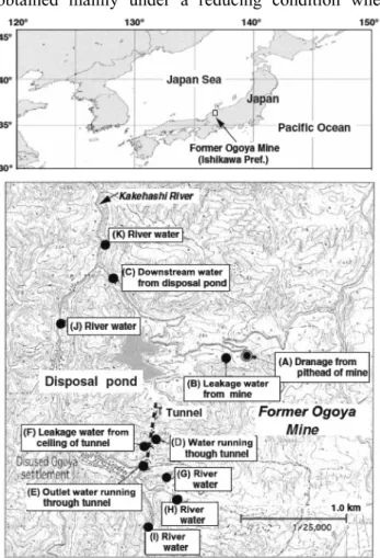 Fig. 1 Map showing the location of the former Ogoya Mine and water sapling points 
