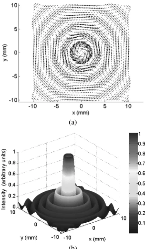 Fig. 3 T M 0 mode Bessel beam. (a) Instant vector diagram for the trans- trans-verse component of the electric field (t = 0, z = 0)