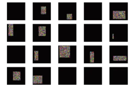 図 11 Random Erasing を適用した画像例 の汎化能力の向上を目的とした data augmentation の 手法である．汎化能力の向上を目的とした dropout は 全結合層では効果的である一方，畳み込み層に対して は元々パラメータが少ないため効果が限定的であった． また， CNN の入力である画像が対象の場合，隣接画素 に相関があり，ランダムに drop したとしてもその周り のピクセルで補間できてしまうため，汎化能力向上の 効果が限定的であった．これに対し， Cutout/Rand