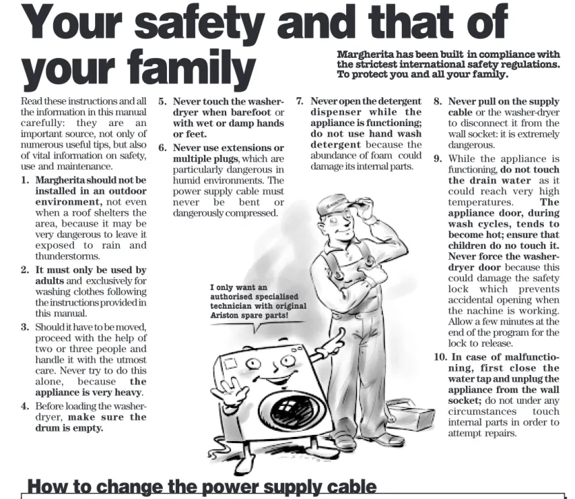 Fig. 3 Fig. 4 Fig. 5 Fig. 68. Never pull on the supplycable or the washer-dryerto disconnect it from thewall socket: it is extremelydangerous.