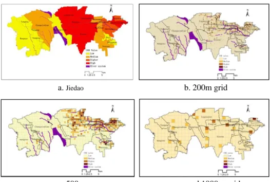 Figure 3. Intensity of COD discharge at different grid scale in Fengtai District 