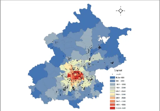Figure 7. Distribution of relevant land prices of residences in Beijing in 2005 
