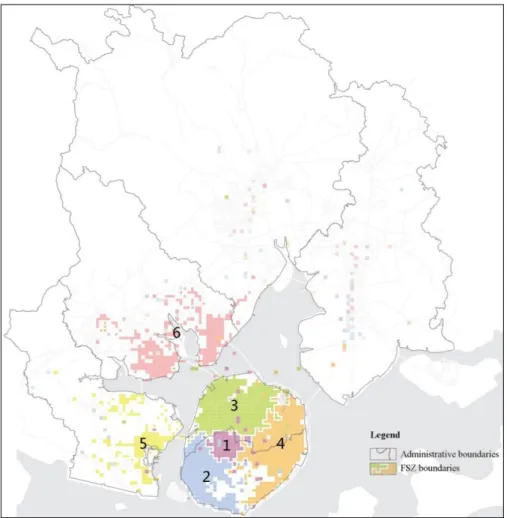 Figure 7. Functional self-sufficient zones (FSZs) detection result based on daily taxi trips 